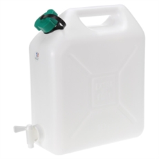 20-liters vit vattenbehållare med grön skruvkork, robust kran och integrerat bärhandtag.